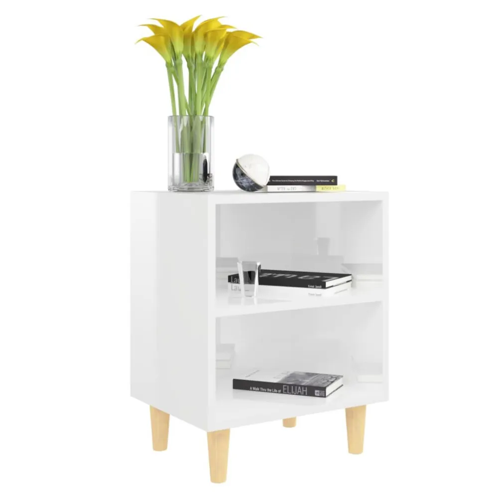 Nachtkastjes 2 st met houten poten 40x30x50 cm hoogglans wit