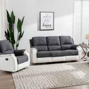Driezits-relaxbank en -fauteuil van microvezel en grijs en wit kunstleer BRODY