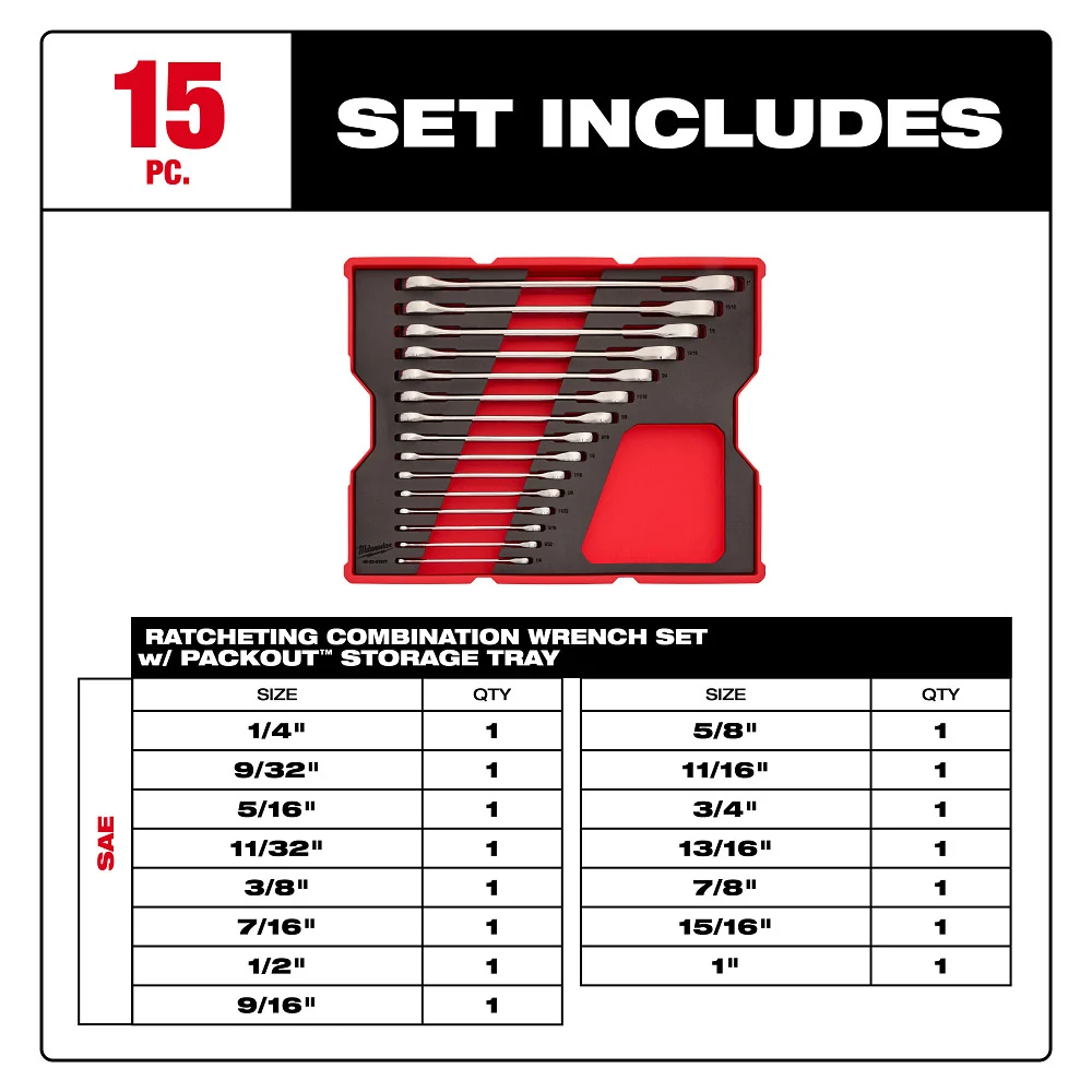 Milwaukee 15pc. Metric Ratcheting Combination Wrench Set Tray PACKOUT™ Drawers 48-22-0157