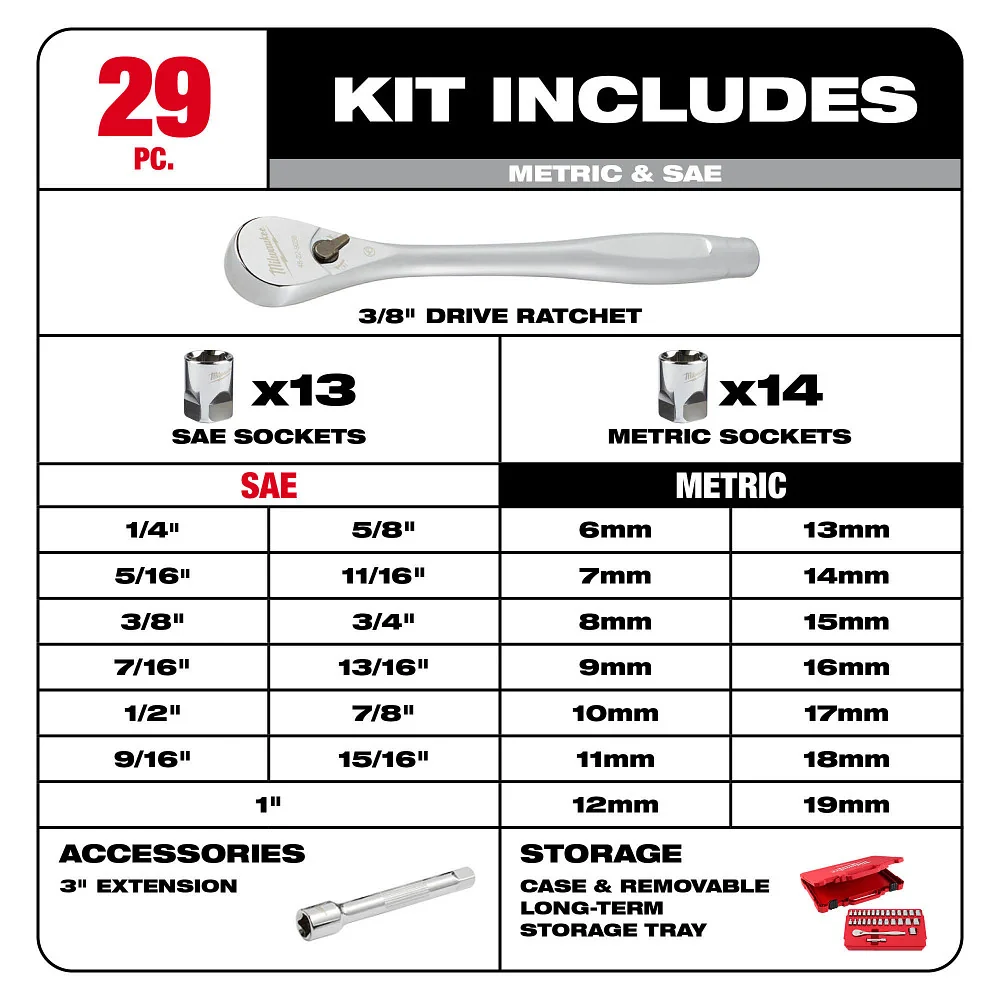 MILWAUKEE 29 PC. 3/8" Drive Ratchet & Socket Set w/ FOUR FLAT™ Sides - Metric & SAE