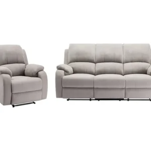 Relax-zitbank 3 personen en relax-fauteuil lichtgrijze microvezel BRODY