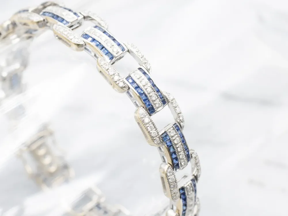 Sleek Gold Sapphire and Diamond Gemstone Link Bracelet