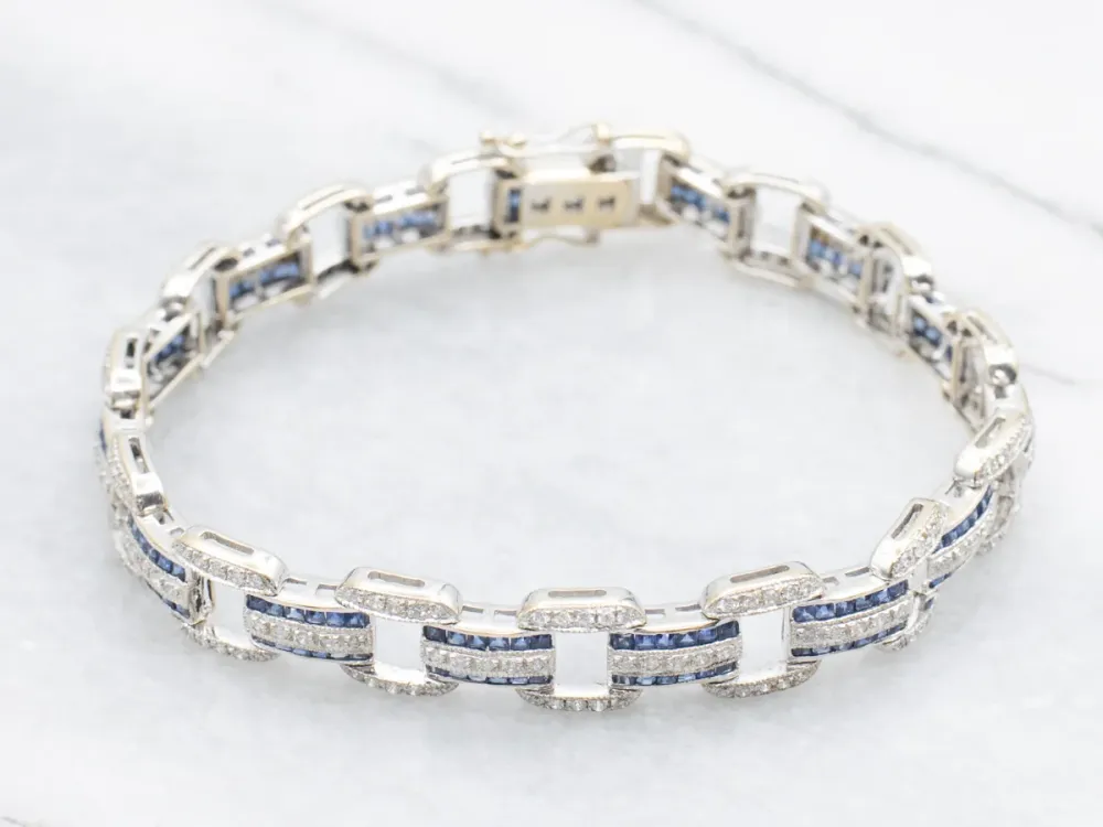 Sleek Gold Sapphire and Diamond Gemstone Link Bracelet