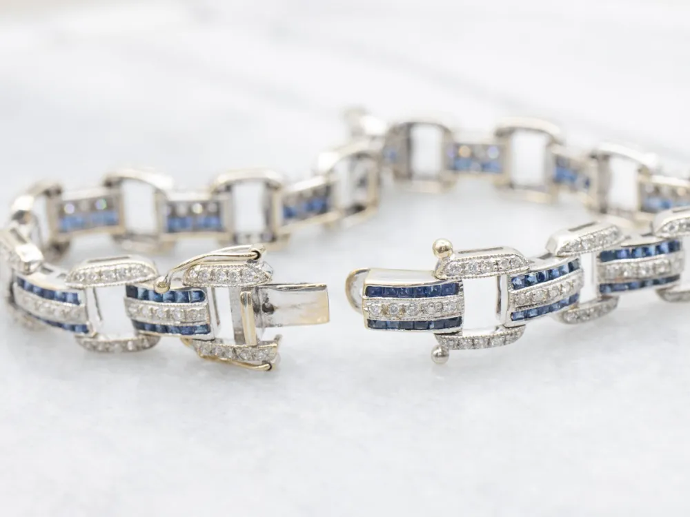 Sleek Gold Sapphire and Diamond Gemstone Link Bracelet