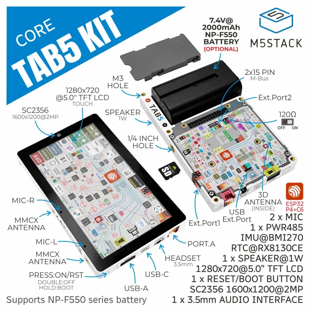 M5Stack Tab5 IoT Development Kit β ESP32-P4 Slim IoT Terminal met Kalibratiecertificaat