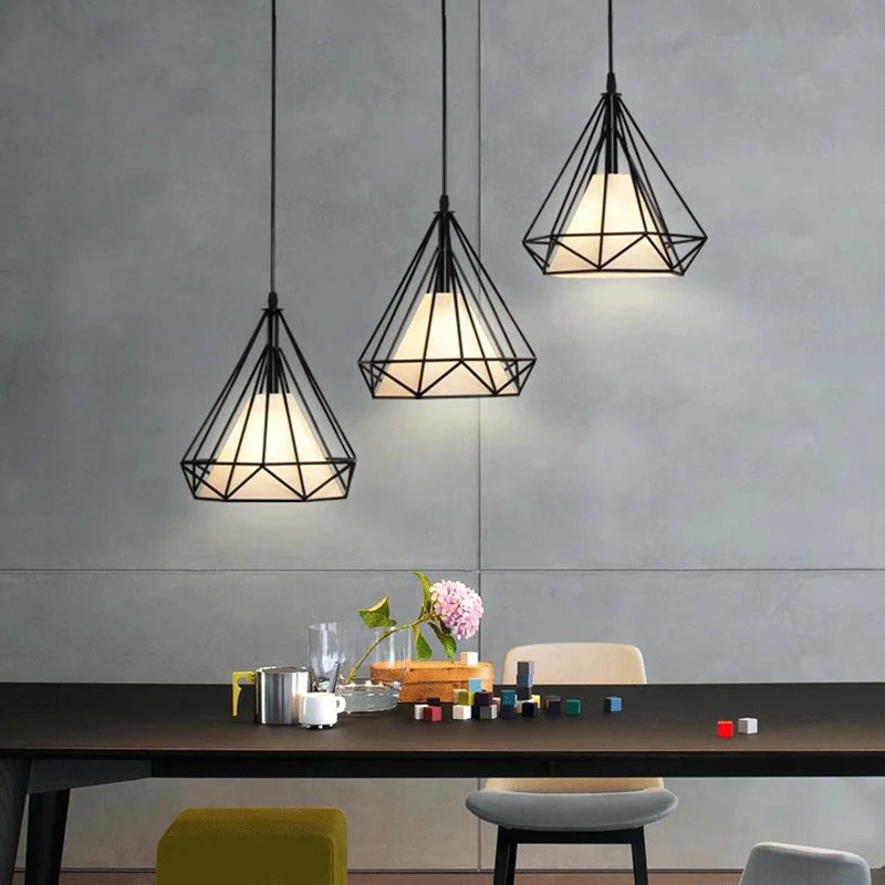 Veerdraad voor Industrie 3 Lights Diamond Cage Pendant Industrial Ijzer Ceiling Pendant Hanging Cord Bar Black