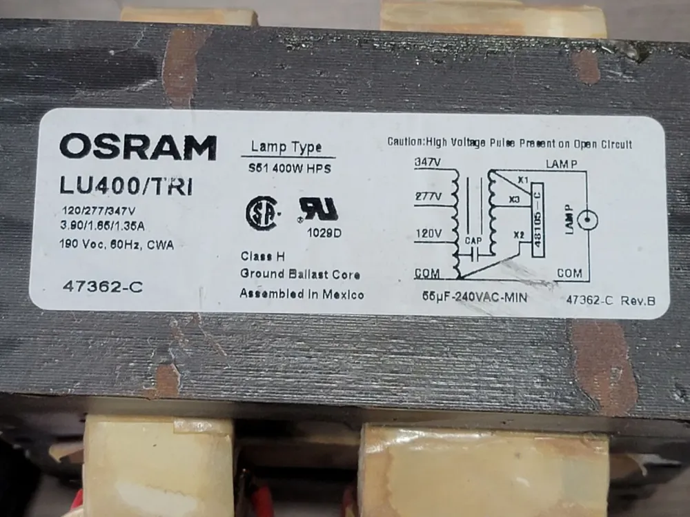 347 Volts 1 Lamp Magnetic Ballast w/ Ignitor and Capacitor LU400/TRI met CE-Keurmerk