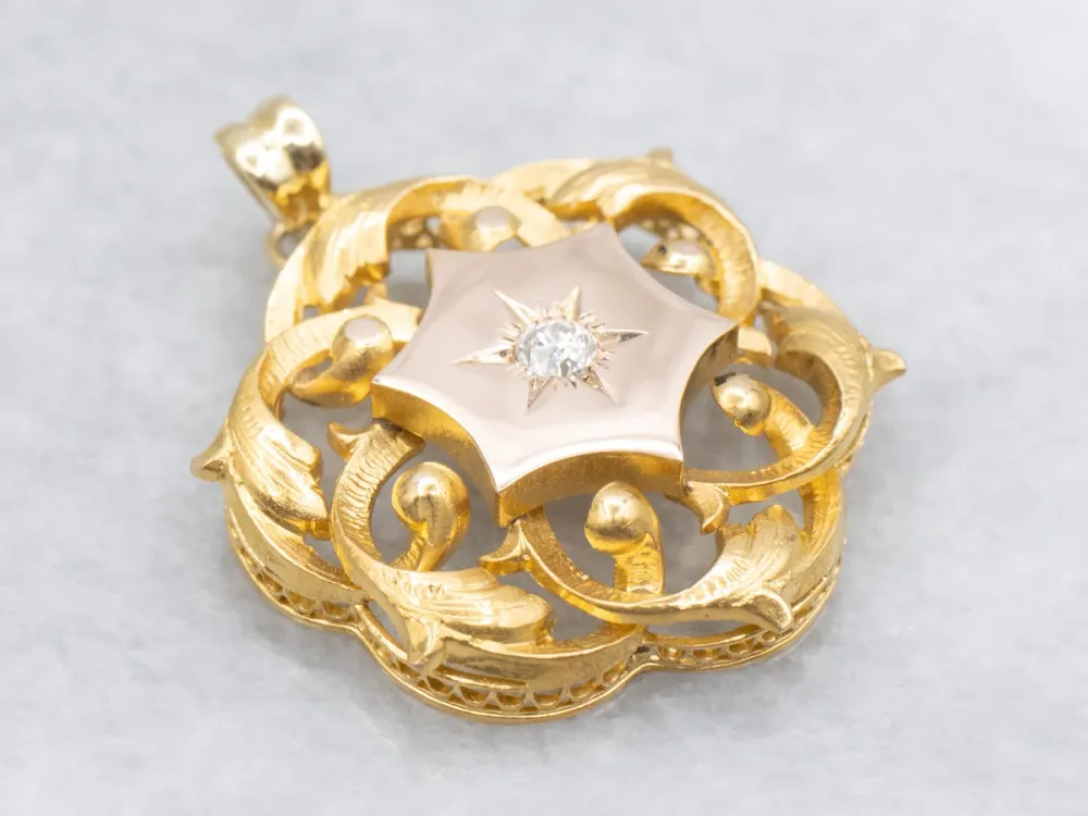Dubbelzijdig Starburst Old Mine Cut Diamond and Gouden Pendant