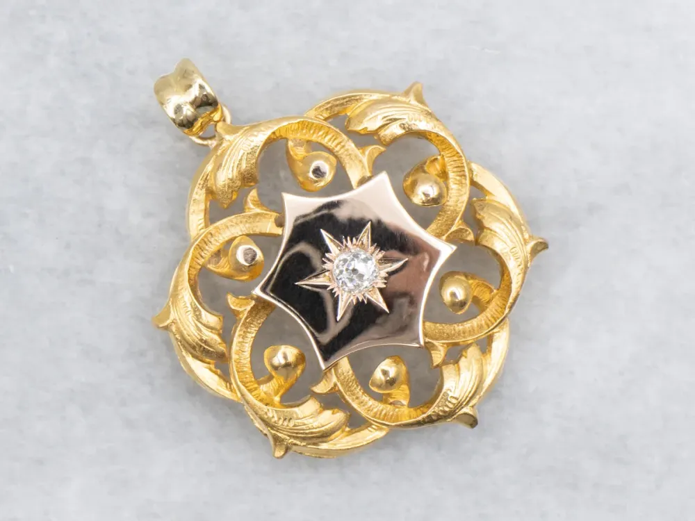 Dubbelzijdig Starburst Old Mine Cut Diamond and Gouden Pendant