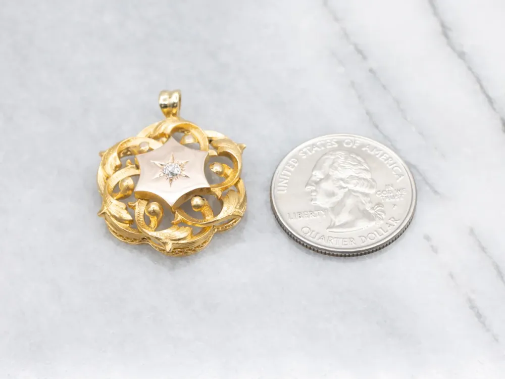 Dubbelzijdig Starburst Old Mine Cut Diamond and Gouden Pendant