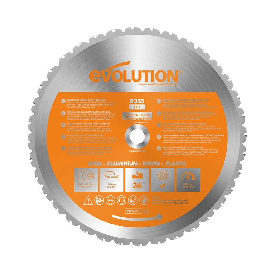 EVOLUTION 14" 36T, 1" Arbor, Tungsten Carbide Tipped Multi-Material Cutting Blade