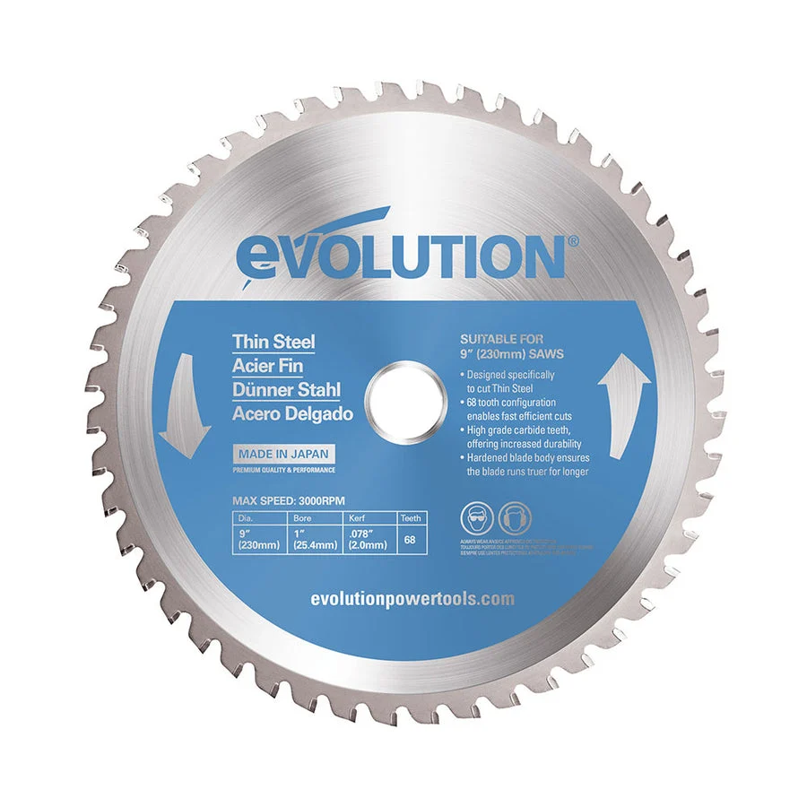EVOLUTION 9" 68T, 1" Arbor, Tungsten Carbide Tipped Thin Staalsoort & Ferrous Metal Cutting Blade