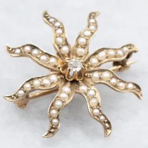 HSS Ontbraambeitel Victorian Old Mine Cut Diamond and Seed Pearl Starburst Brooch
