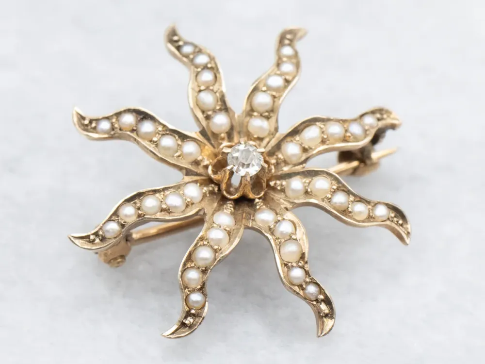 HSS Ontbraambeitel Victorian Old Mine Cut Diamond and Seed Pearl Starburst Brooch