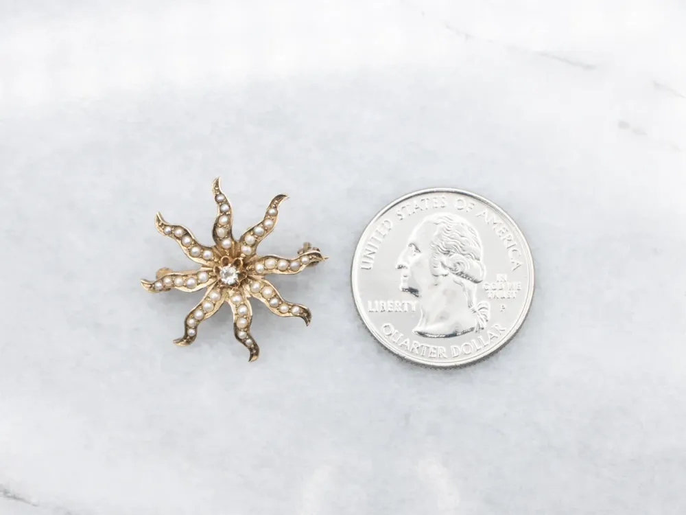 HSS Ontbraambeitel Victorian Old Mine Cut Diamond and Seed Pearl Starburst Brooch