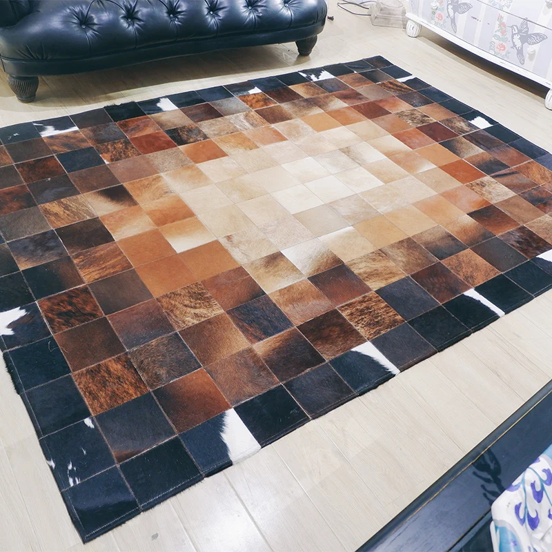 Industrial Plaid Gebloemd Rug Multi-Color Cowhide Indoor Rug Stain-Resistant Pet Friendly Area Carpet Parlor Brown