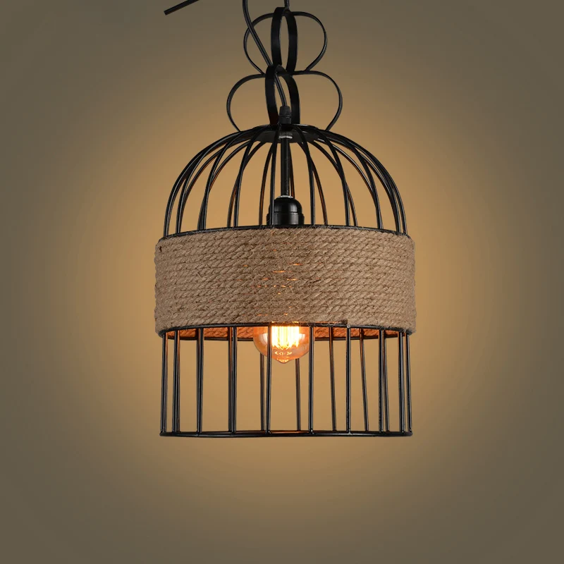 Ouderwets Birdcage Hanging Lamp Single-Bulb Iron Lighting Pendant Hemp Rope Black 150 x 150 mm formaat Black