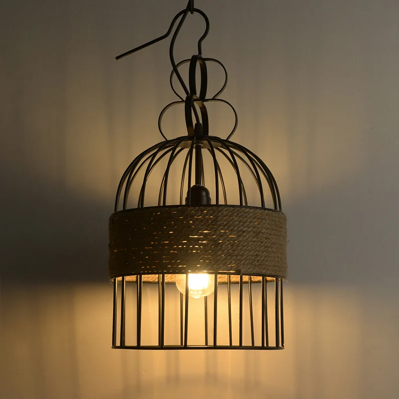 Ouderwets Birdcage Hanging Lamp Single-Bulb Iron Lighting Pendant Hemp Rope Black 150 x 150 mm formaat Black