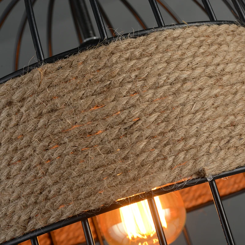 Ouderwets Birdcage Hanging Lamp Single-Bulb Iron Lighting Pendant Hemp Rope Black 150 x 150 mm formaat Black