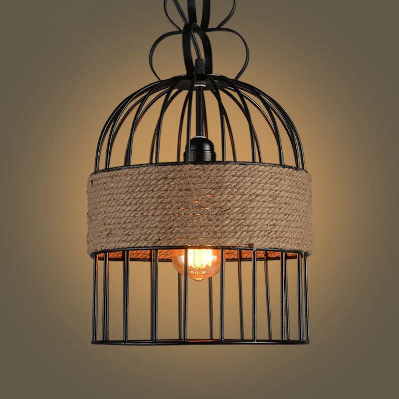 Ouderwets Birdcage Hanging Lamp Single-Bulb Iron Lighting Pendant Hemp Rope Black 150 x 150 mm formaat Black