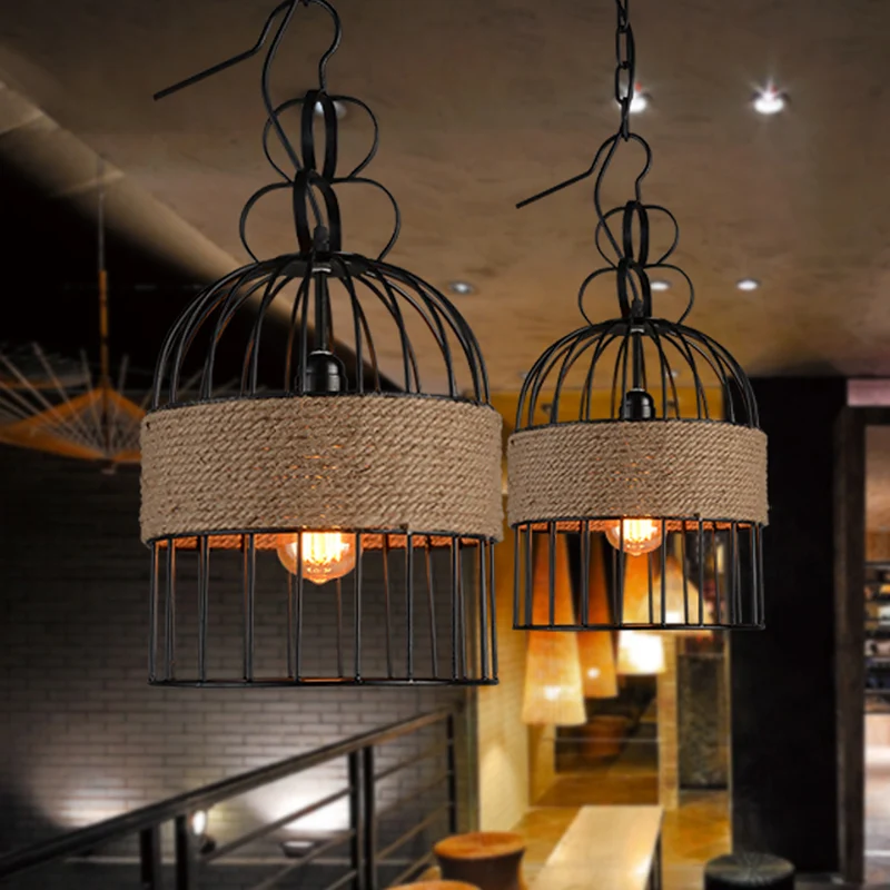 Ouderwets Birdcage Hanging Lamp Single-Bulb Iron Lighting Pendant Hemp Rope Black 150 x 150 mm formaat Black