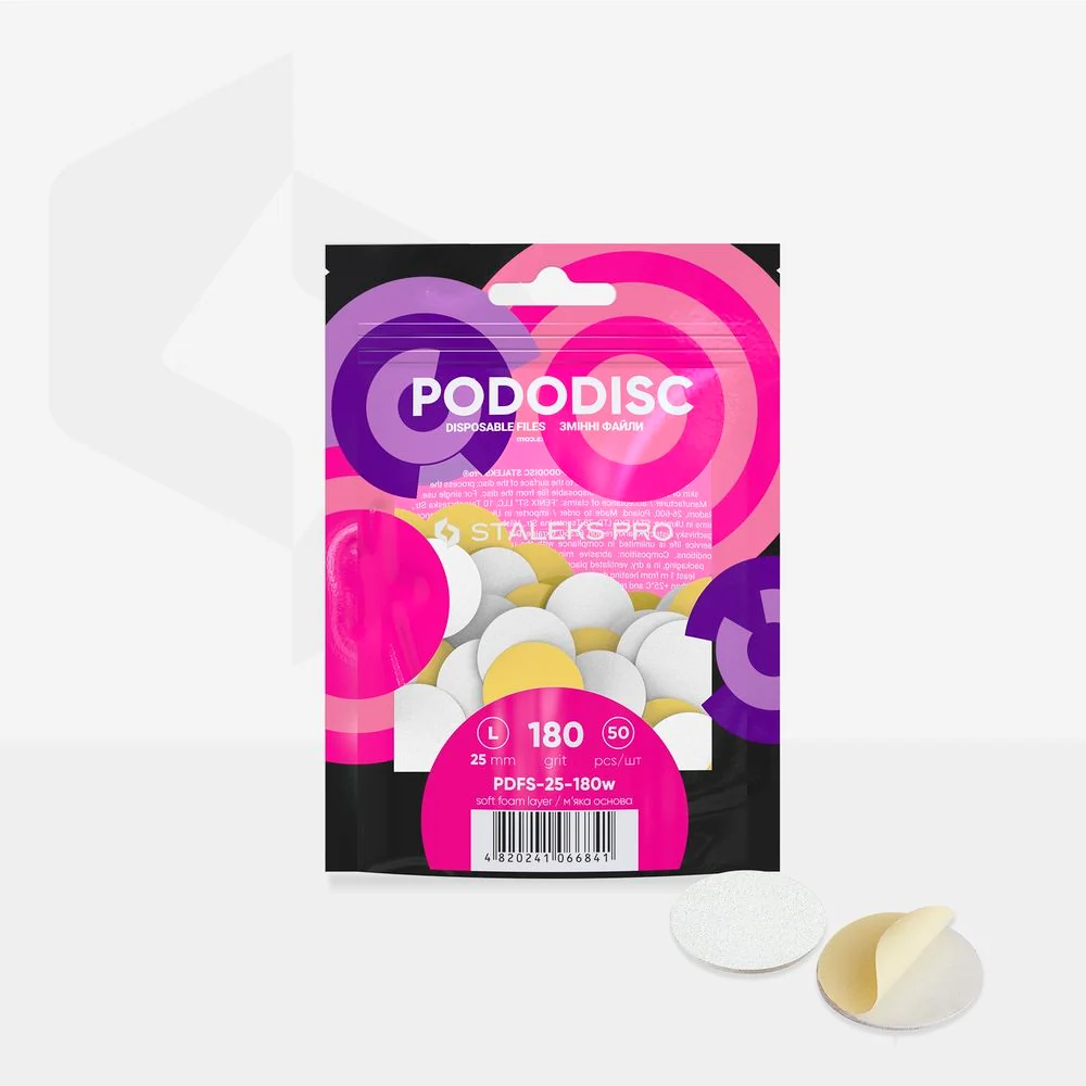White disposable files (soft foam layer) pedicure disc Pododisk Staleks Pro L, 180 grit (50 pcs), PDFS-25-180w