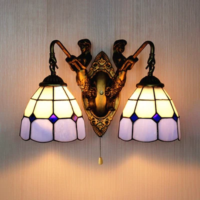 Rasterpatroon wandgemonteerd licht barok blauw glas 1 kop antiek koperen blakerlicht, 6"/8" omvangrijk