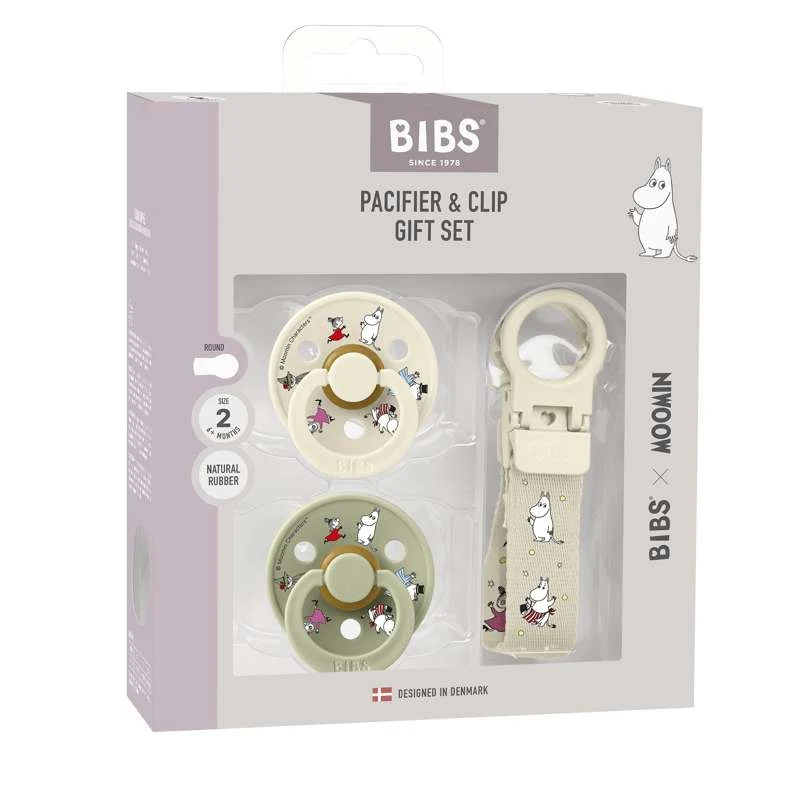BIBS Rund Colour Sut - 2-Pak - Str. 2 - Naturgummi - m. Suttesnor - Moomins - Ivory/Sage