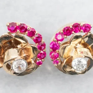 Funky White Topaz and Synthetic Ruby Vintage Stud Earrings met Hoge Dichtheid