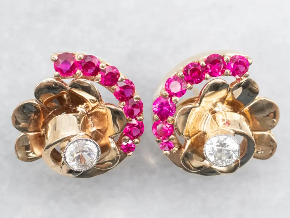 Funky White Topaz and Synthetic Ruby Vintage Stud Earrings met Hoge Dichtheid