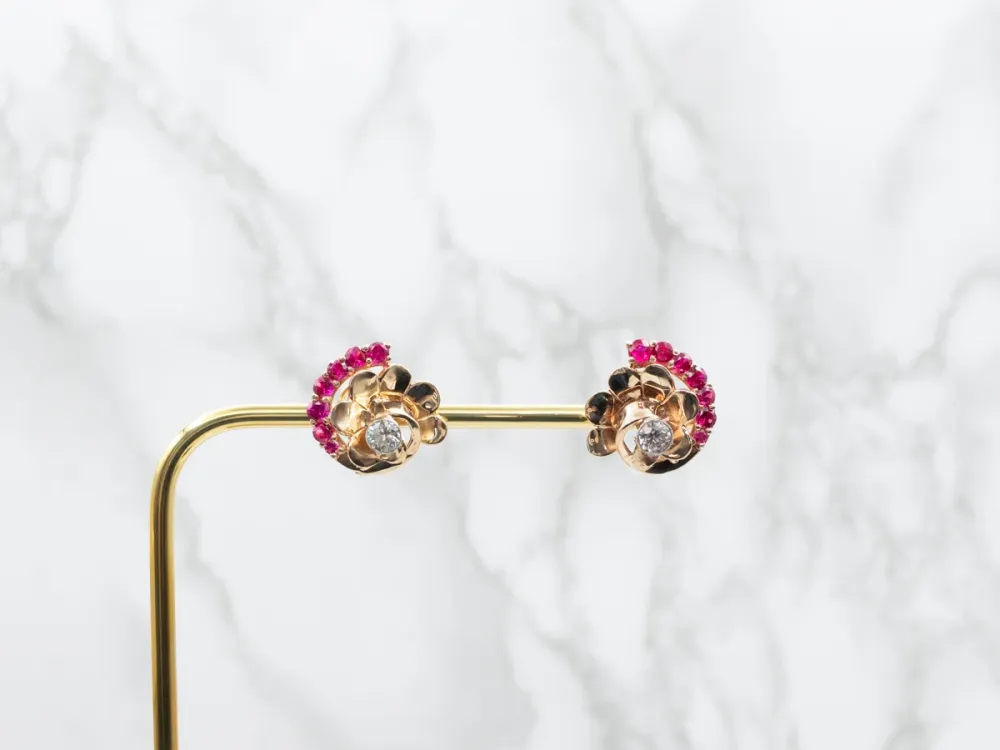 Funky White Topaz and Synthetic Ruby Vintage Stud Earrings met Hoge Dichtheid