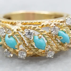 Textured 18-Karat Gold Turquoise and Diamond Ring