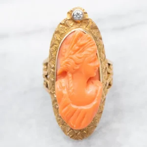 Victorian Revival Handgesneden Coral Cameo and Diamond Ring - Onbehandeld