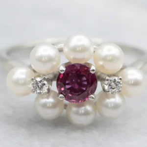 Vintage Ruby and Diamond Pearl Halo Ring