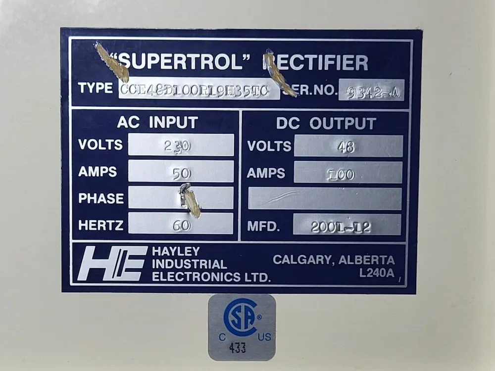 100 Amp, 48VDC, 230VAC CCE Supertrol Rectifier CCE48D100R19H35TC