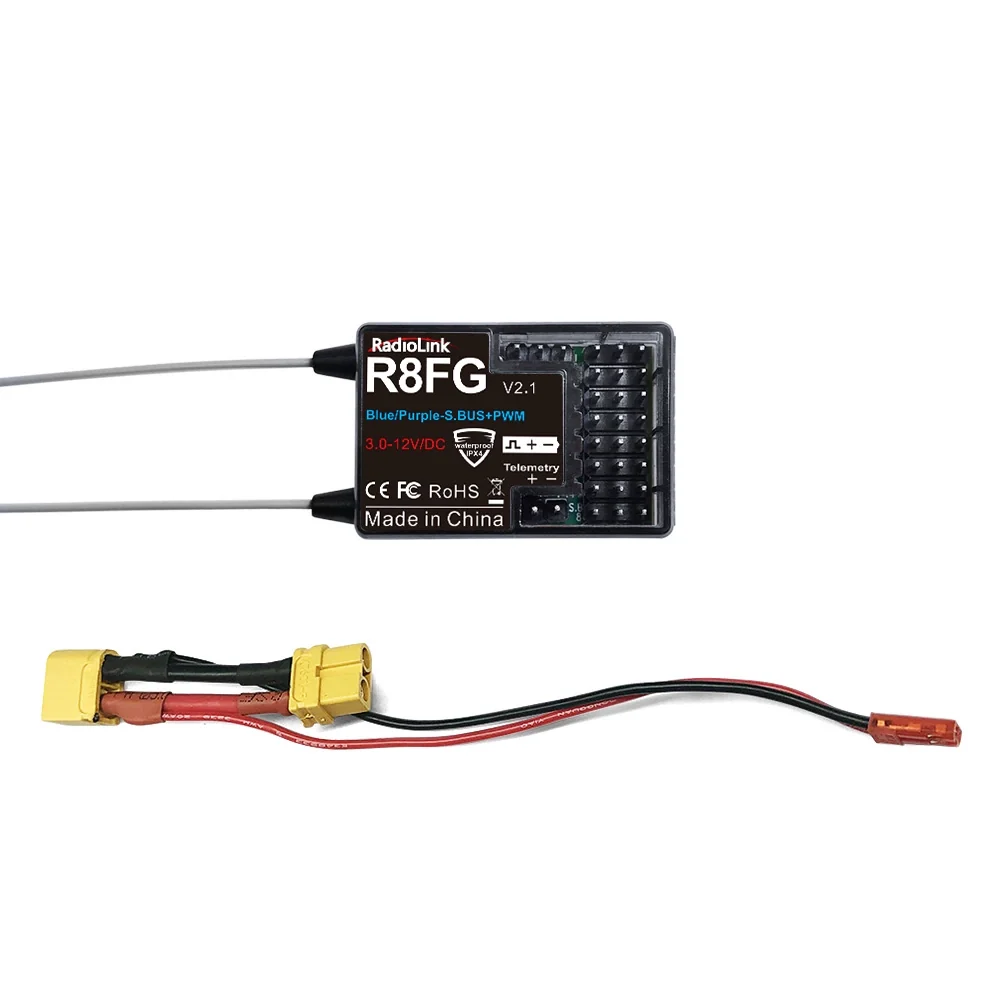 RadioLink R8FG 8-Channel Dual Antenna Receiver SBUS PWM, Telemetry, IPX4 Spatwaterdicht