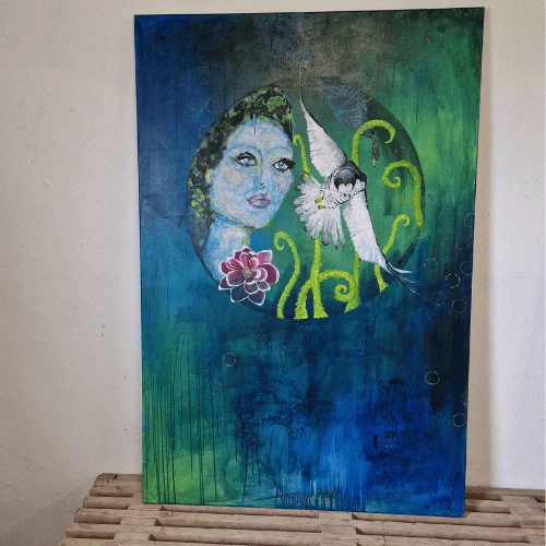 Articulerende Torenvalk en vrouw | Oorspronkelijk schilderij | Simone Freiheit