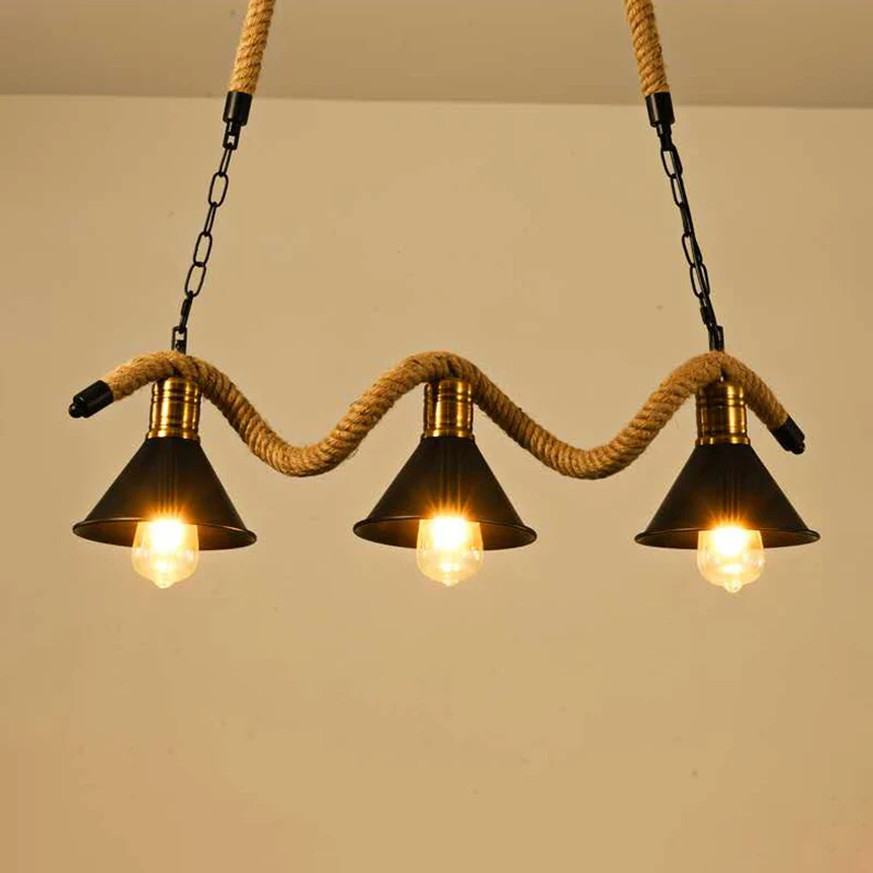 Metal Conical Island Ceiling Light Industrial Style Bar Pendant Lamp Wavy Hemp Rope Koolzwart Black