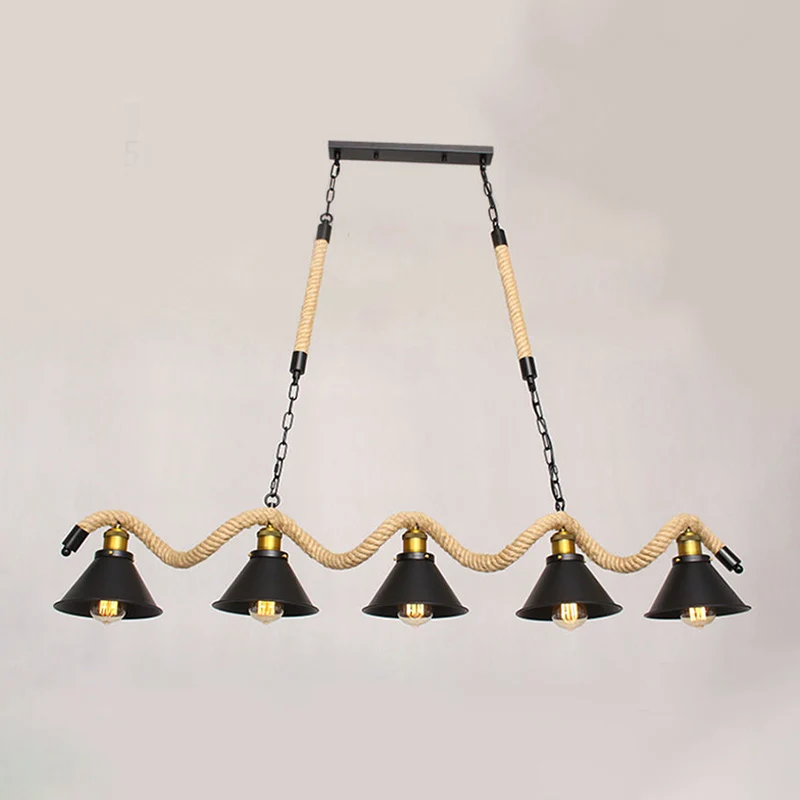 Metal Conical Island Ceiling Light Industrial Style Bar Pendant Lamp Wavy Hemp Rope Koolzwart Black