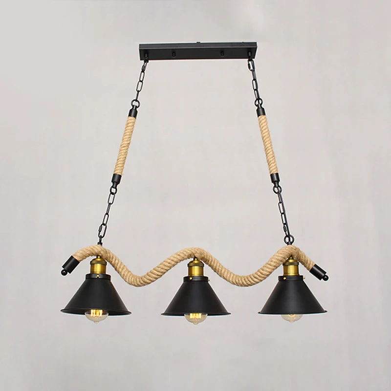 Metal Conical Island Ceiling Light Industrial Style Bar Pendant Lamp Wavy Hemp Rope Koolzwart Black