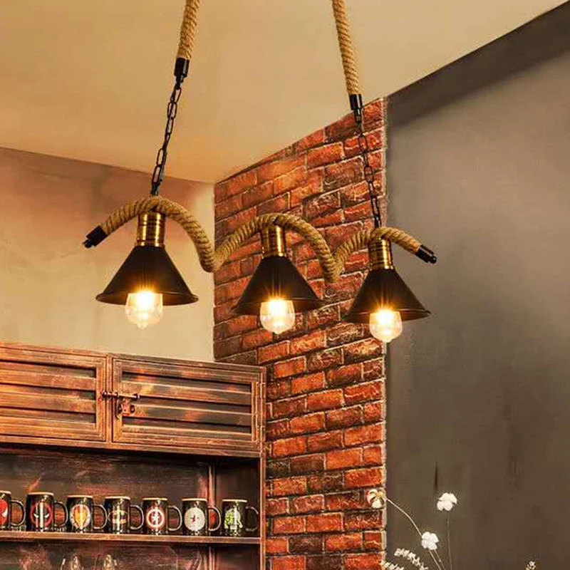 Metal Conical Island Ceiling Light Industrial Style Bar Pendant Lamp Wavy Hemp Rope Koolzwart Black