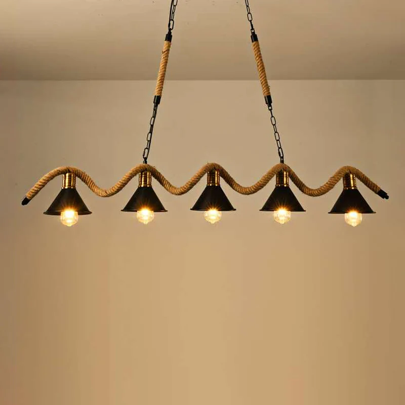 Metal Conical Island Ceiling Light Industrial Style Bar Pendant Lamp Wavy Hemp Rope Koolzwart Black