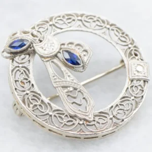 Hoogwaardig Roestvrij Antique Diamond Art Deco Filigree and Sapphire Circle Pin