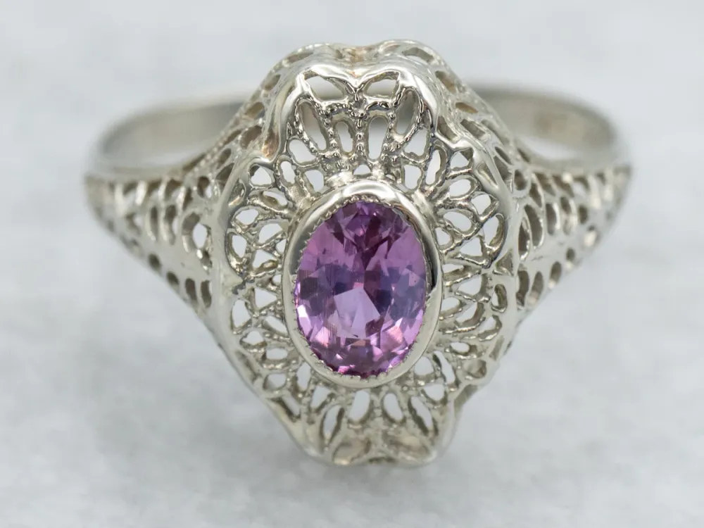 1920s Framboos Sapphire Solitaire Filigree Ring