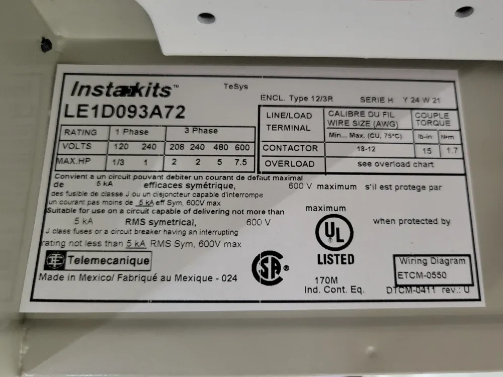 Industrieel Grade 9Amp 600VAC Full Voltage Enclosed Starter LE1D093A72OG70