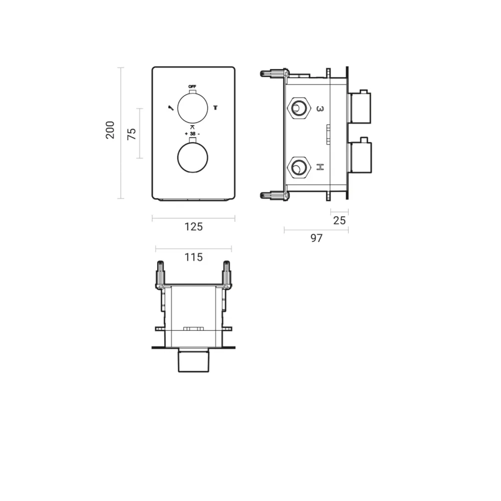 Built- thermostatic shower mixer model 'T' messing 3-2 way diverter met nylon insert