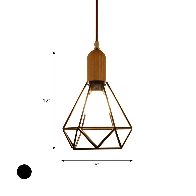 Industriële schotel/polygoon/diamant hangende verlichtingsarmatuur 1 kop metaal en hout plafondlamp met kooikap zwart met...