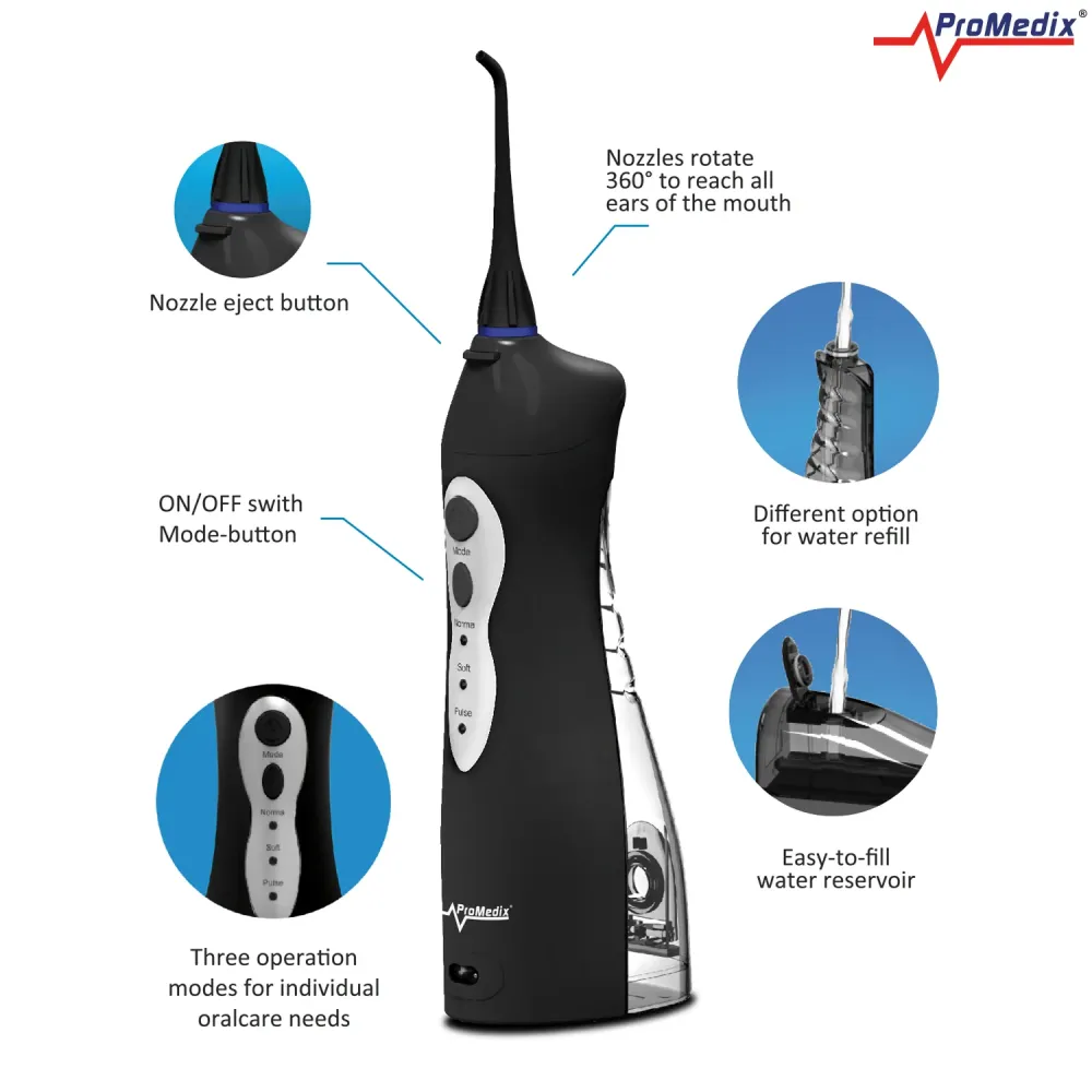 Promedix PR-770 Draadloze dental irrigator Elektrische water-flosser IPX7 8.5 Bar (4 sproeiers) met Spiegeltje