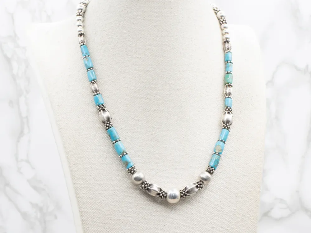 Sterling Silver and Turquoise Beaded Necklace Toggle Clasp