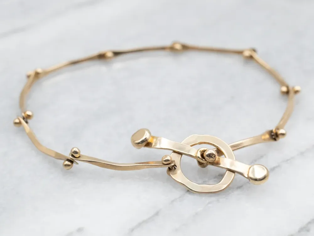 Yellow Gold Handmade Sonya Arched Bar Link Bracelet Toggle Clasp